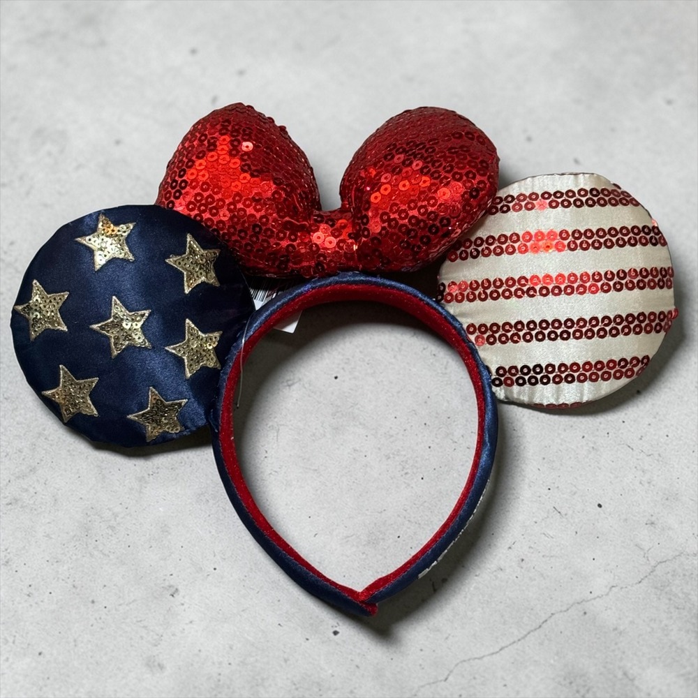 Disney Shanghai Resort Americana Minnie Mouse Ear Headband Red White Blue Sequin